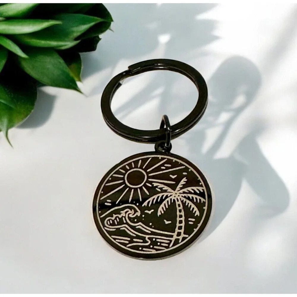 Black Etched Metal Keychain with Beach Ocean Waves Tropical Scene